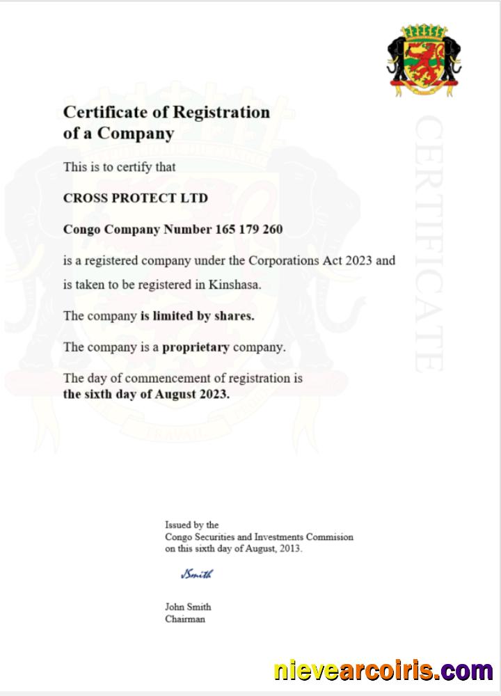 Congo certificate of registration